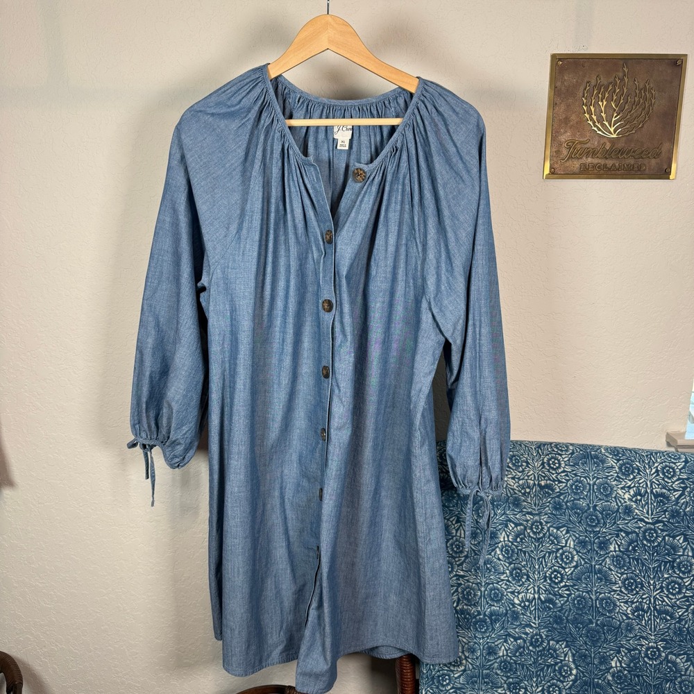 J.Crew Womens Blue Cotton Chambray Button Front Tunic Dress XL 3/4 Tie Sleeve